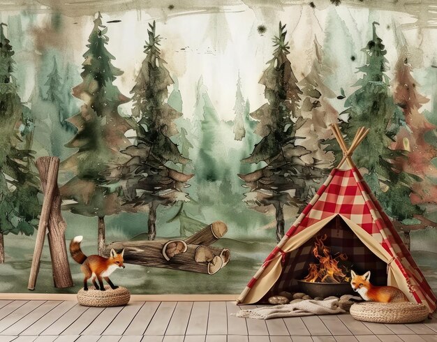 a picture of a cabin with a red and white checkered tablecloth