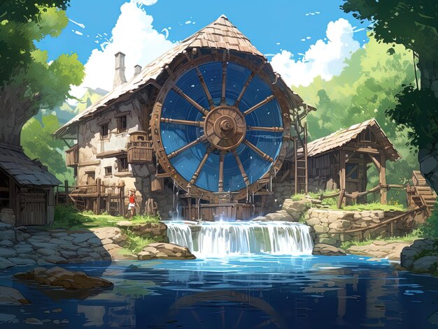 a picture of a cabin with a water wheel in the background