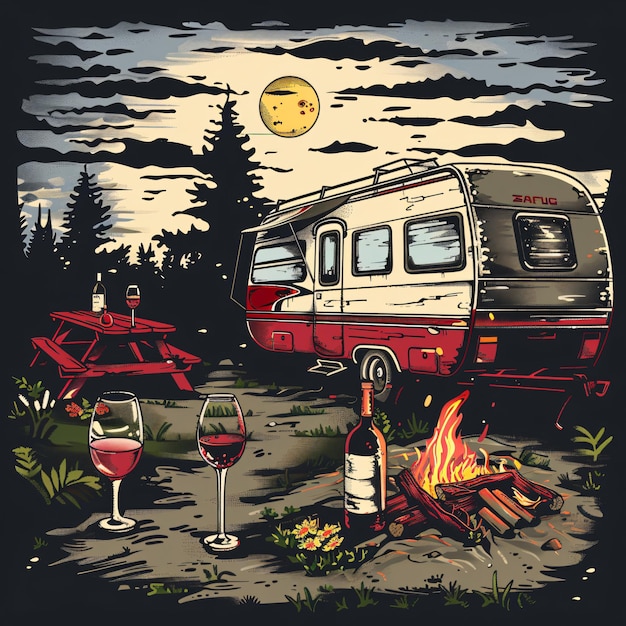 Photo a picture of a camper and a camper with a bottle of wine and a camper