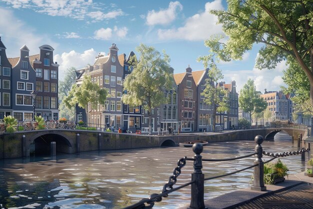 a picture of a canal with a boat and a bridge in the background