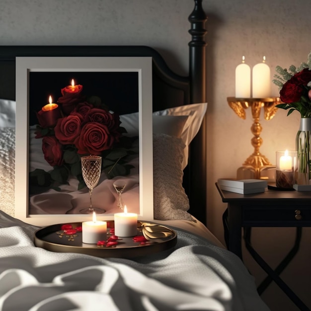 A picture of a candle and a picture of a bouquet of roses on a bed