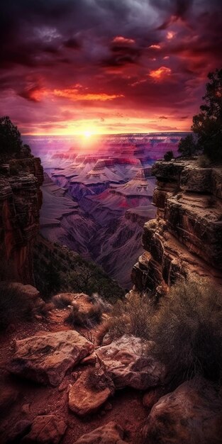 A picture of a canyon with a sunset in the background