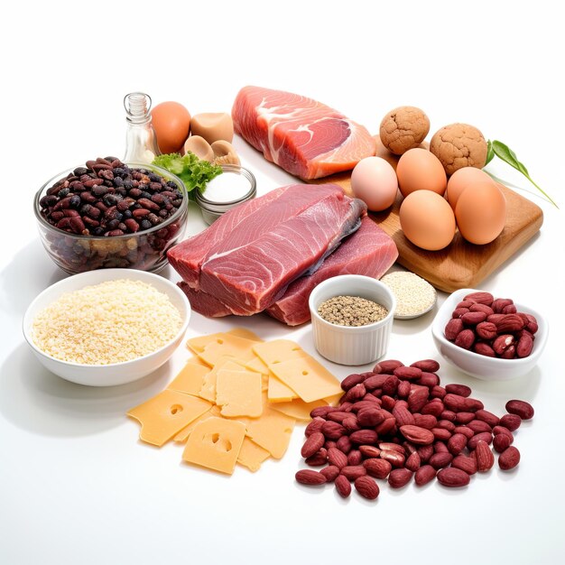Foto un'immagine di carboidrati, proteine, grassi e alimenti energetici su sfondo bianco