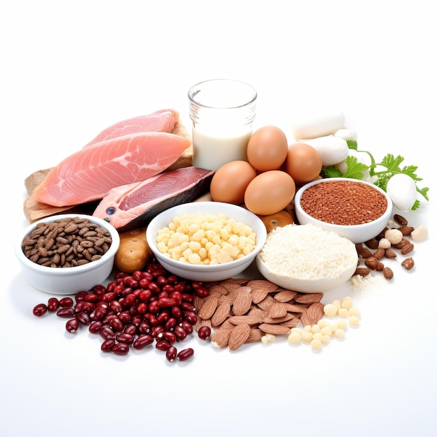 a picture of carbohydrates protein fat and energy food on white background