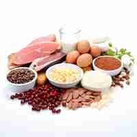 Photo a picture of carbohydrates protein fat and energy food on white background