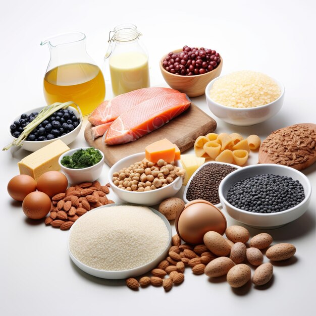 a picture of carbohydrates protein fat and energy food on white background