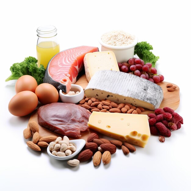 a picture of carbohydrates protein fat and energy food on white background