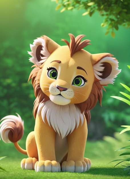 Photo picture a cartoonstyle lion cub seated on vibrant green grass