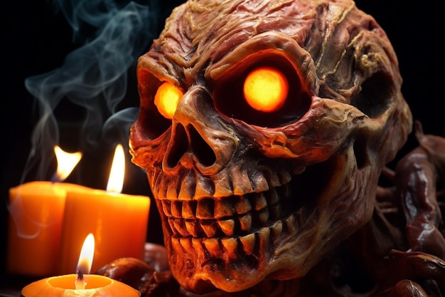 A picture of a carved pumpkin with lit candles inside