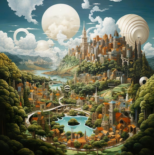 A picture of a castle with a lake and a large balloon in the sky illustration Painting