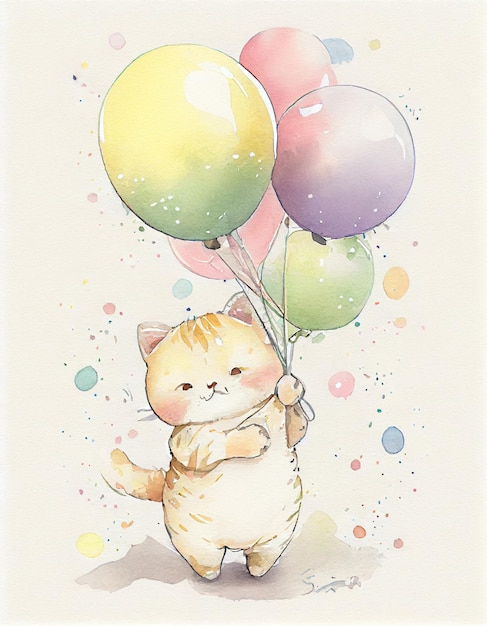картинка кошки с воздушными шарами, на которой написано "привет, кошка"