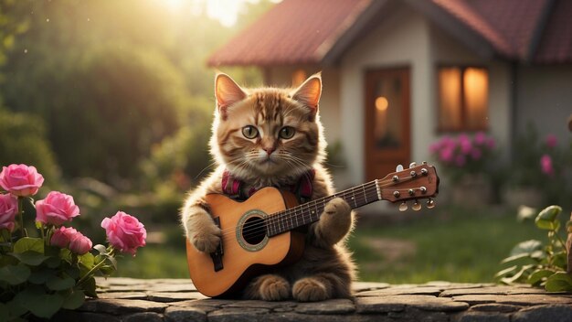 a picture of a cat strumming a tiny guitar in front of a charming house surrounded by vibrant nature