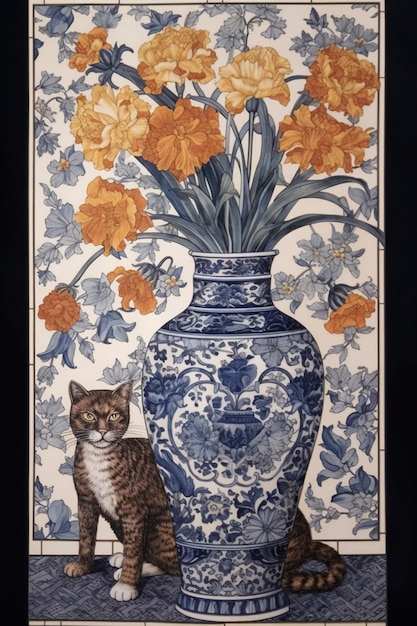 A picture of a cat and a vase with flowers in it