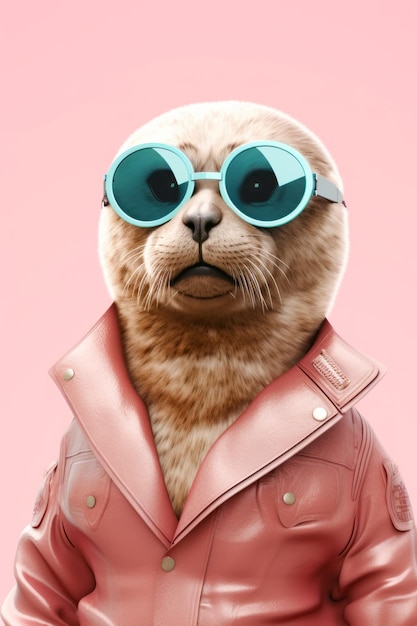 Picture of cat wearing sunglasses and leather jacket with pink background Generative AI