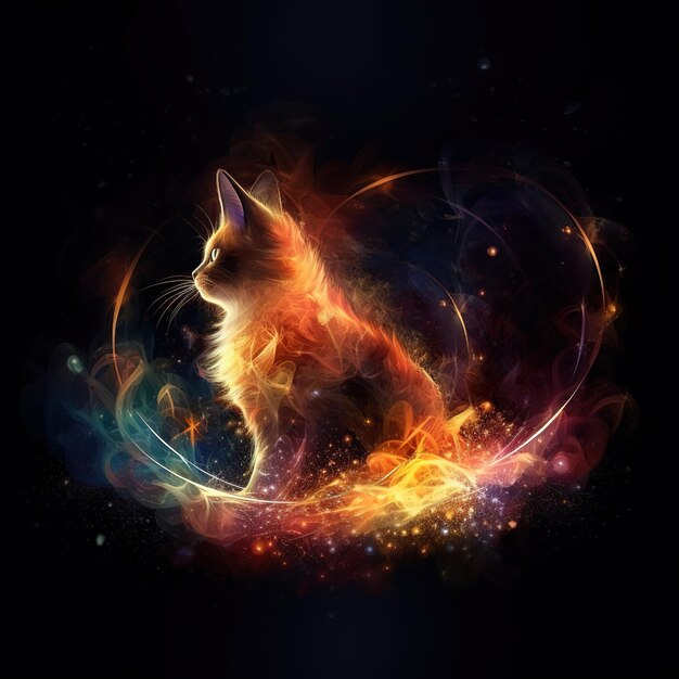 A picture of a cat with a fire ring in the middle.