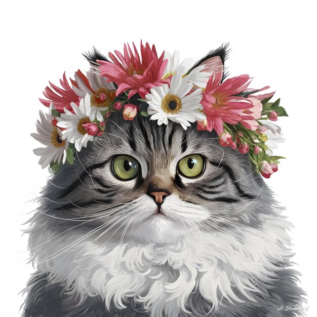 a picture of a cat with flowers on its head