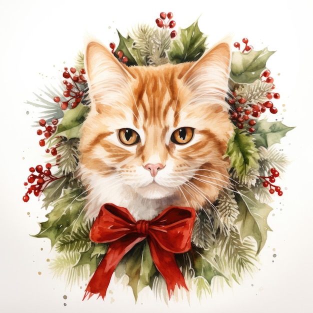 a picture of a cat with a red bow and leaves