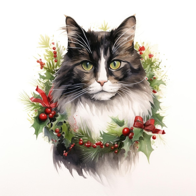 a picture of a cat with a wreath of holly and holly