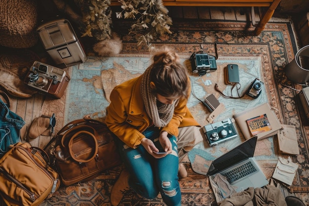 Photo the picture of the caucasian female human looking at the map of a world aigx