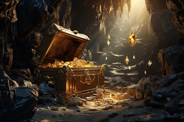 picture of a cave with an open treasure box filled with shiny gold