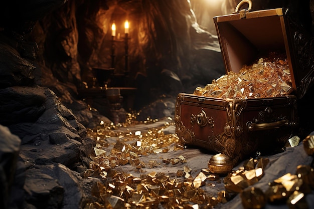 picture of a cave with an open treasure box filled with shiny gold