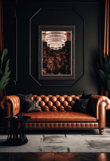 A picture of a chandelier hangs above a couch in a living room.