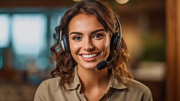 Photo picture of a cheerful woman working as a customer service agent while sporting a headset generate ai