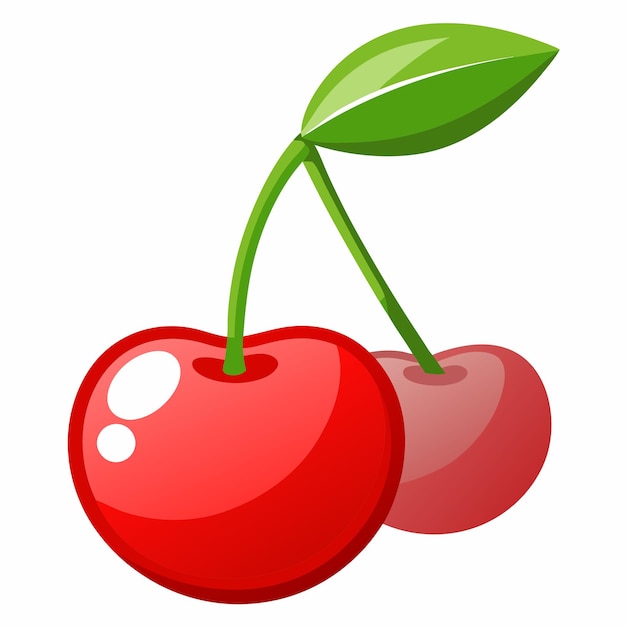 a picture of cherries with a green leaf and a white background