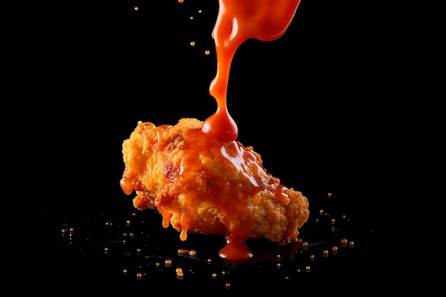 A picture of a chicken wing being poured with sauce.