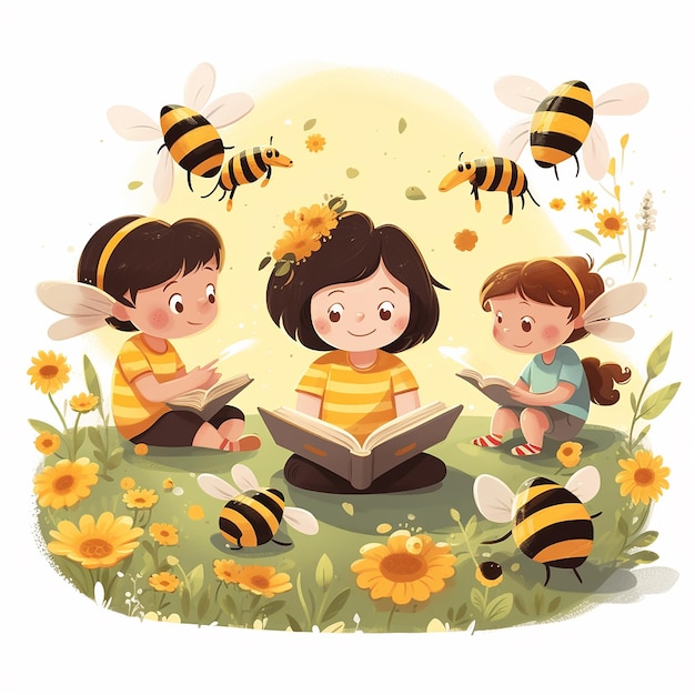 a picture of children reading a bee and a bee