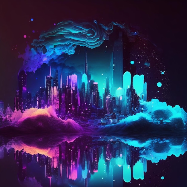 Изображение горизонта города с генеративным искусственным интеллектом неба цвета радуги