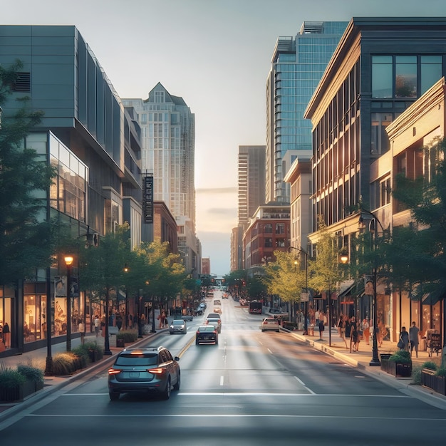 a picture of a city street with a car driving down it