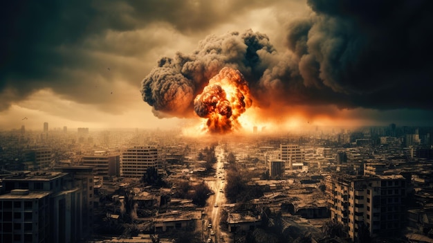 A picture of a city with a bomb explosion in the foreground