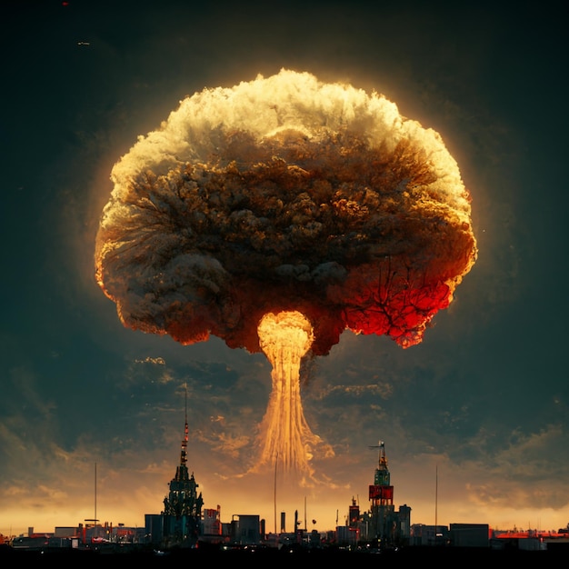 A picture of a city with a cloud shaped explosion over it.