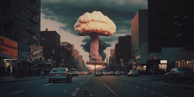A picture of a city with a nuclear explosion in the sky