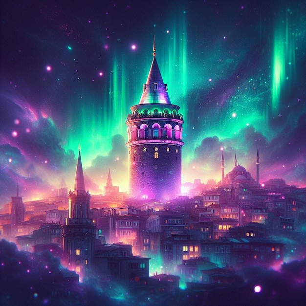 изображение города с фиолетовым небом и городом на заднем плане
