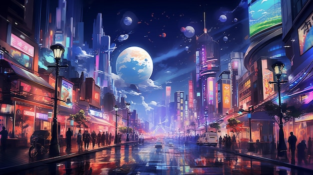 a picture of a city with a world on it