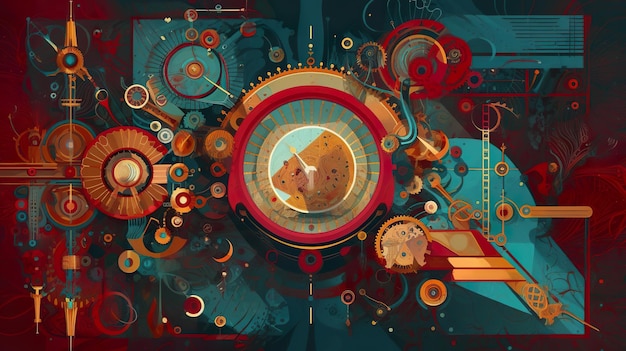 Изображение часов, окруженных шестеренками и другими вещами Генерирующее изображение AI