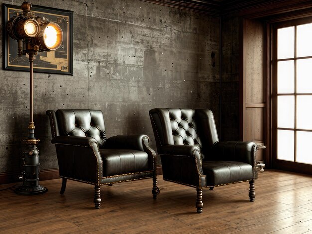 A picture of a clock on a wall with a black chair in front of it