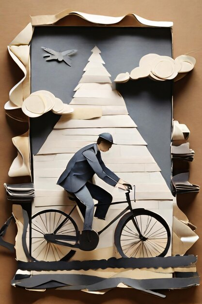 A picture collected from scraps of paper of a man riding a bicycle