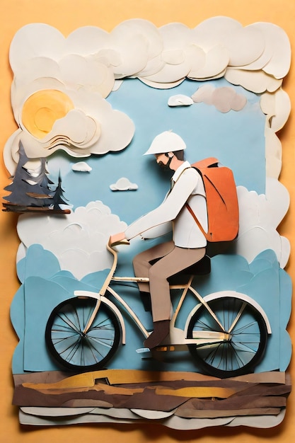 A picture collected from scraps of paper of a man riding a bicycle