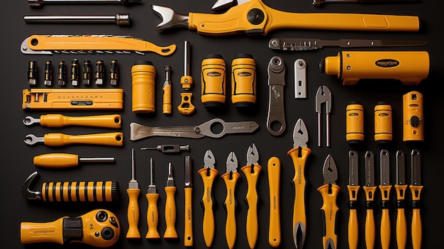 Photo picture a collection of hand tools each is carefully laid out in a knolling style on a bright canaryyellow background
