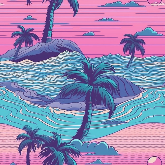 A picture of a colorful illustration of a tropical island with palm trees generative ai