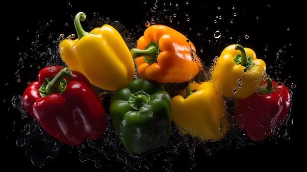 A picture of colorful peppers with water splashing around them