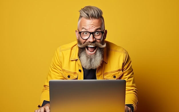 Picture of a confident man with a beard using a laptop generative ai