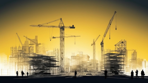 A picture of a construction site with cranes and a yellow background.