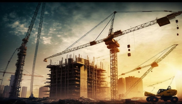 A picture of a construction site with a picture of a building under construction.