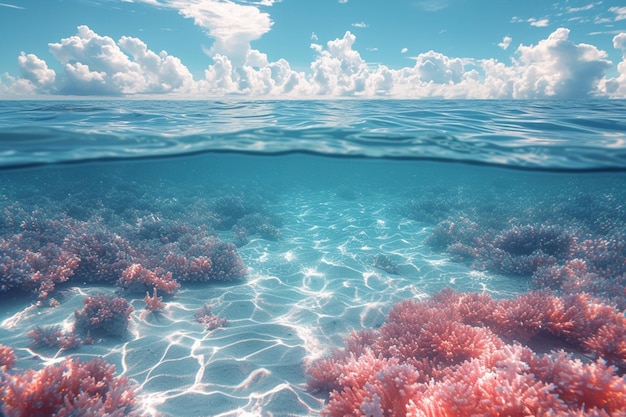 a picture of a coral reef with a blue sky and clouds