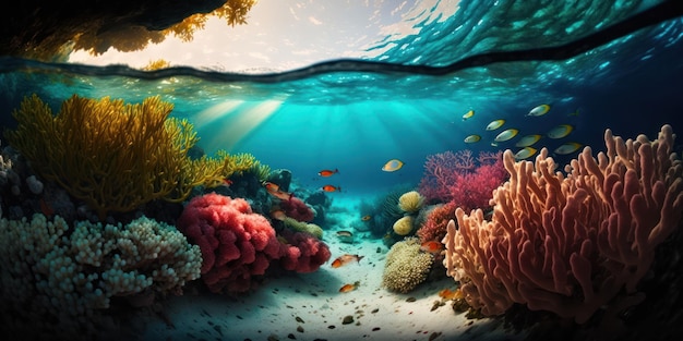 A picture of a coral reef with a fish swimming in the bottom.