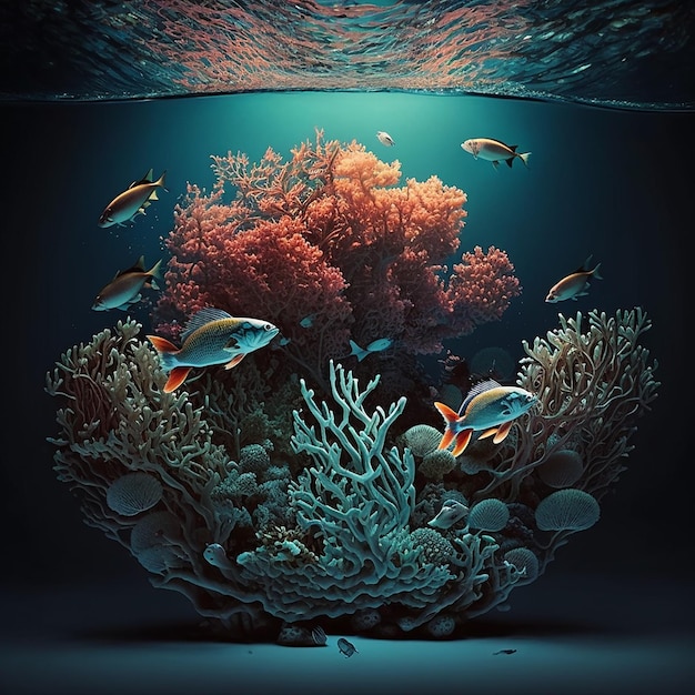 A picture of a coral reef with fish swimming under it.